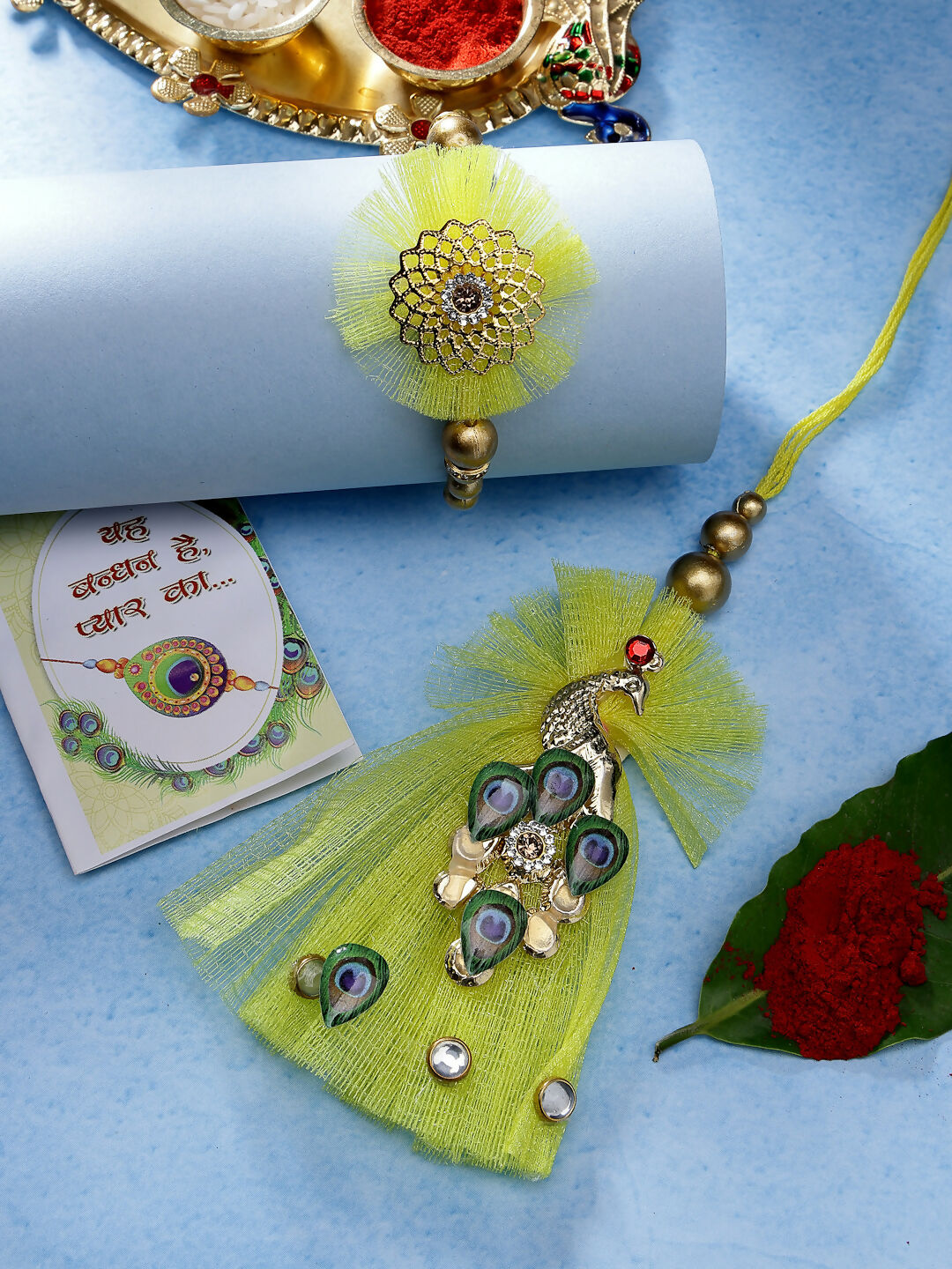 NVR Women & Men Set of 2 Yellow Peacock Design Bhaiya Bhabhi Rakhi With Roli Chawal & Chocolate | Grocsy