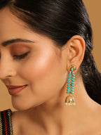 Nuyug 22K Gold Plated Pearl & Turquoise Stone Studded Contemporary Shaped Jhumkas | Grocsy