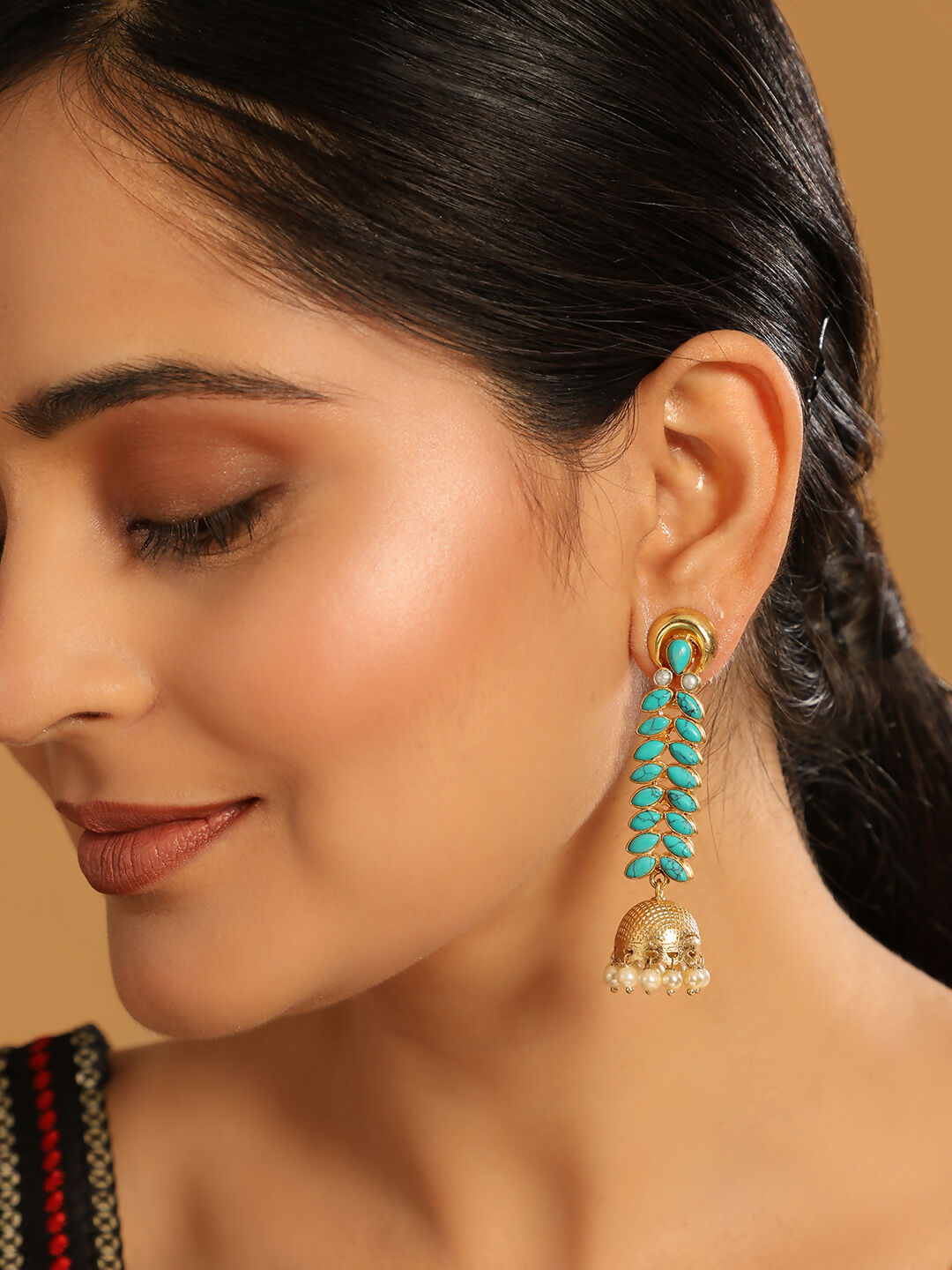 Nuyug 22K Gold Plated Pearl & Turquoise Stone Studded Contemporary Shaped Jhumkas | Grocsy