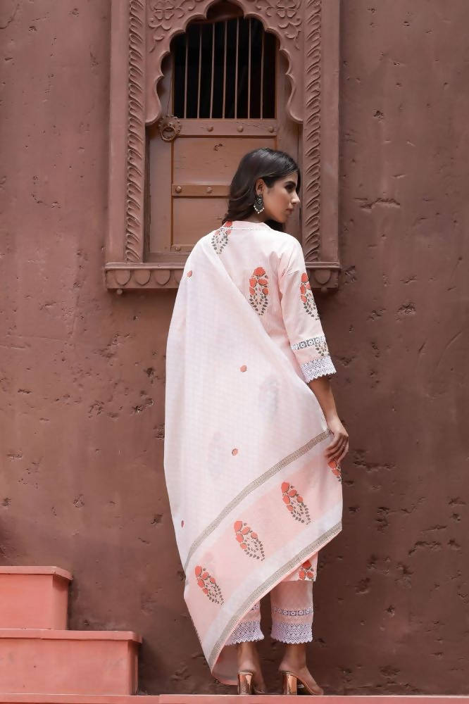 Yufta Peach Printed Dupatta Set | Grocsy