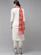 Yufta Women White Ethnic Motifs Printed Thread Work Kurta with Trouser & With Dupatta | Grocsy