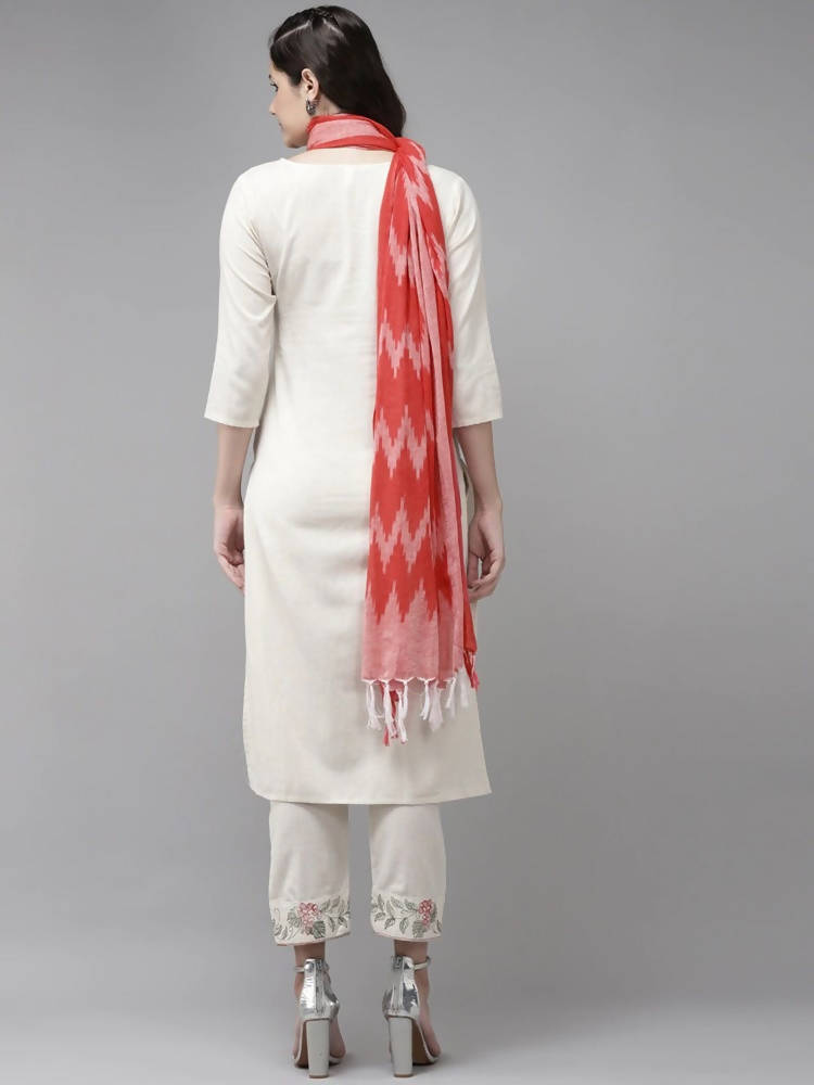 Yufta Women White Ethnic Motifs Printed Thread Work Kurta with Trouser & With Dupatta | Grocsy