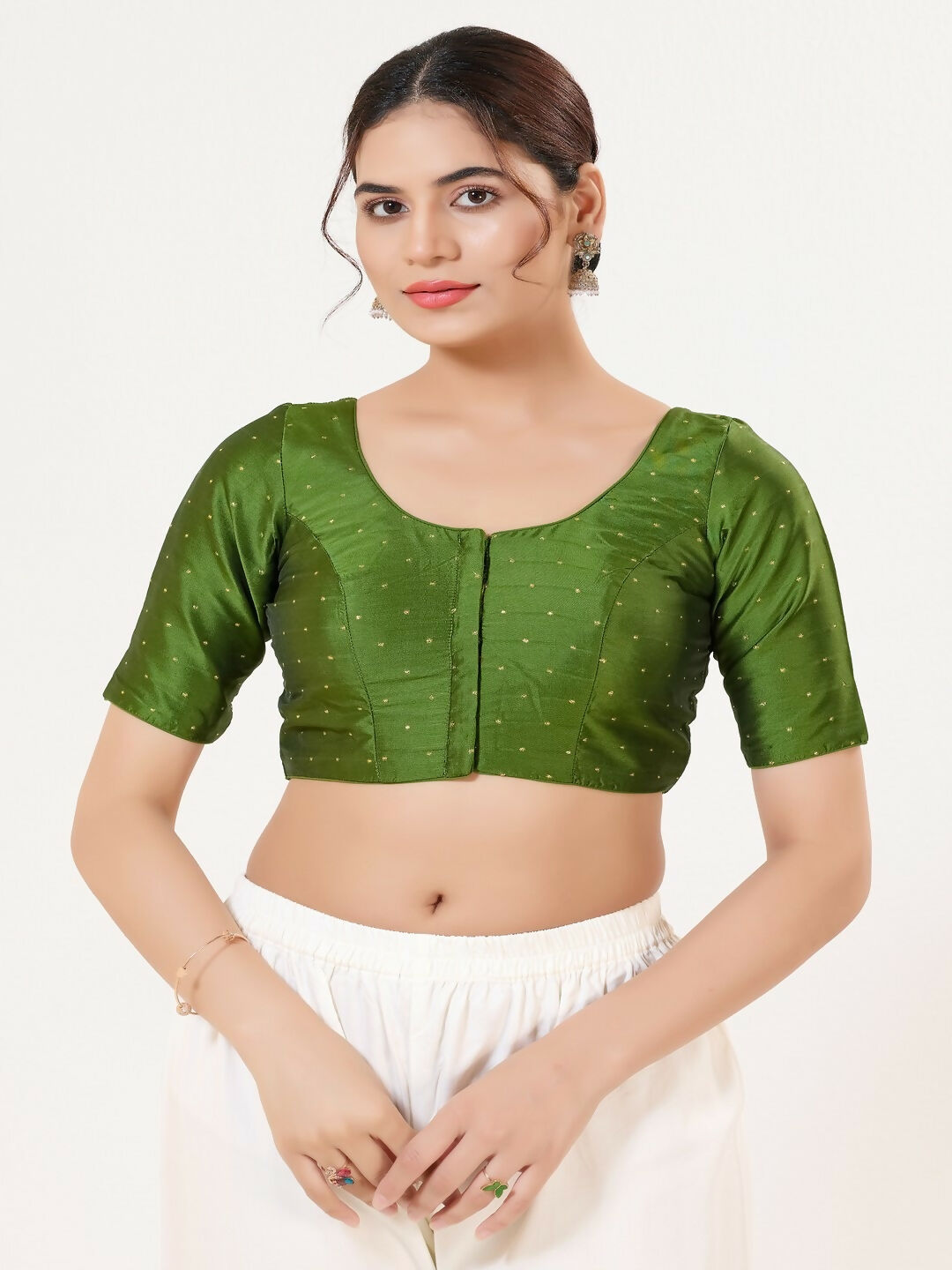 Joban Fashion Mehendi-Green Taffeta Silk Elbow Sleeveless Front Open Blouse | Grocsy
