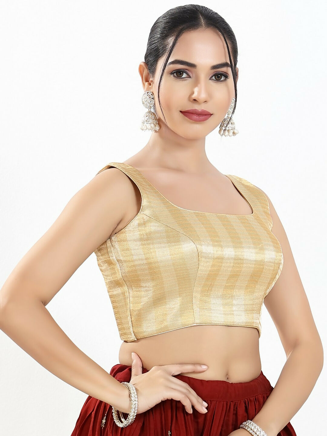 Joban Fashion Gold Multi Brocade Padded Blouse With Square Neck Sleeveless | Grocsy