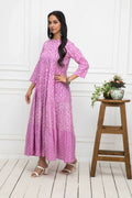 Myshka Women Pink Floral Cotton A-Line Mandarin Collar Long Dress | Grocsy