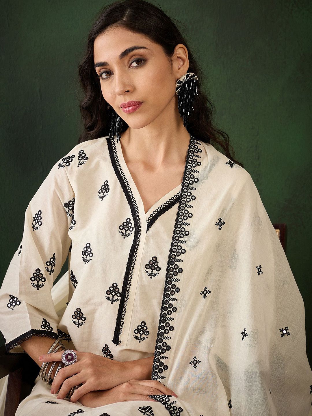 Sangria Off White Floral Embroidered Pure Cotton Mirror Work Kurta & Palazzos With Dupatta | Grocsy