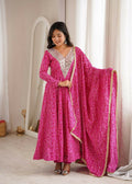 Teeya Creation New Trendy Traditional Pink Bandhani Anarkali Set with Embellished V-Neck | Grocsy