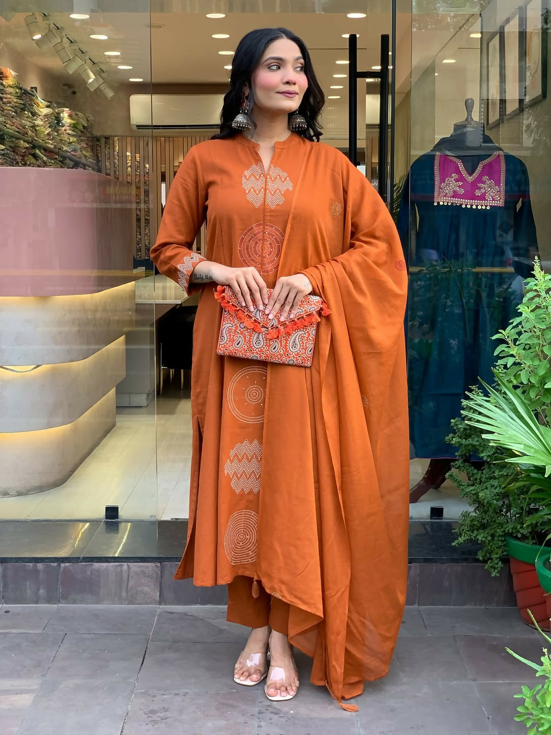 The52 Orange Women's Gorgeous Chanderi Fabric Embroidered Work Straight Kurta Pant and Dupatta Set | Grocsy