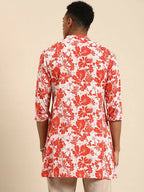 Red & White Men pure Cotton Floral Printed Straight Kurta - Mahotsav | Grocsy
