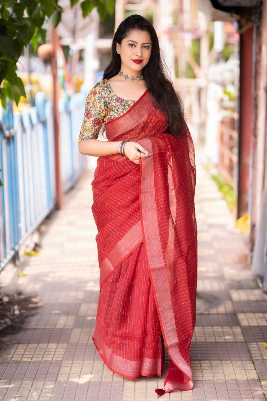 Red Linen Sequence Saree with Unstitched Blouse - Hiral Fashion | Grocsy
