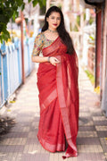 Red Linen Sequence Saree with Unstitched Blouse - Hiral Fashion | Grocsy
