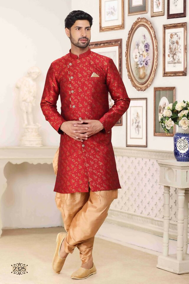 Raivat Ethnic Banarasi Jacquard Embroidery Semi Indo Western Sherwani In Maroon Colour | Grocsy
