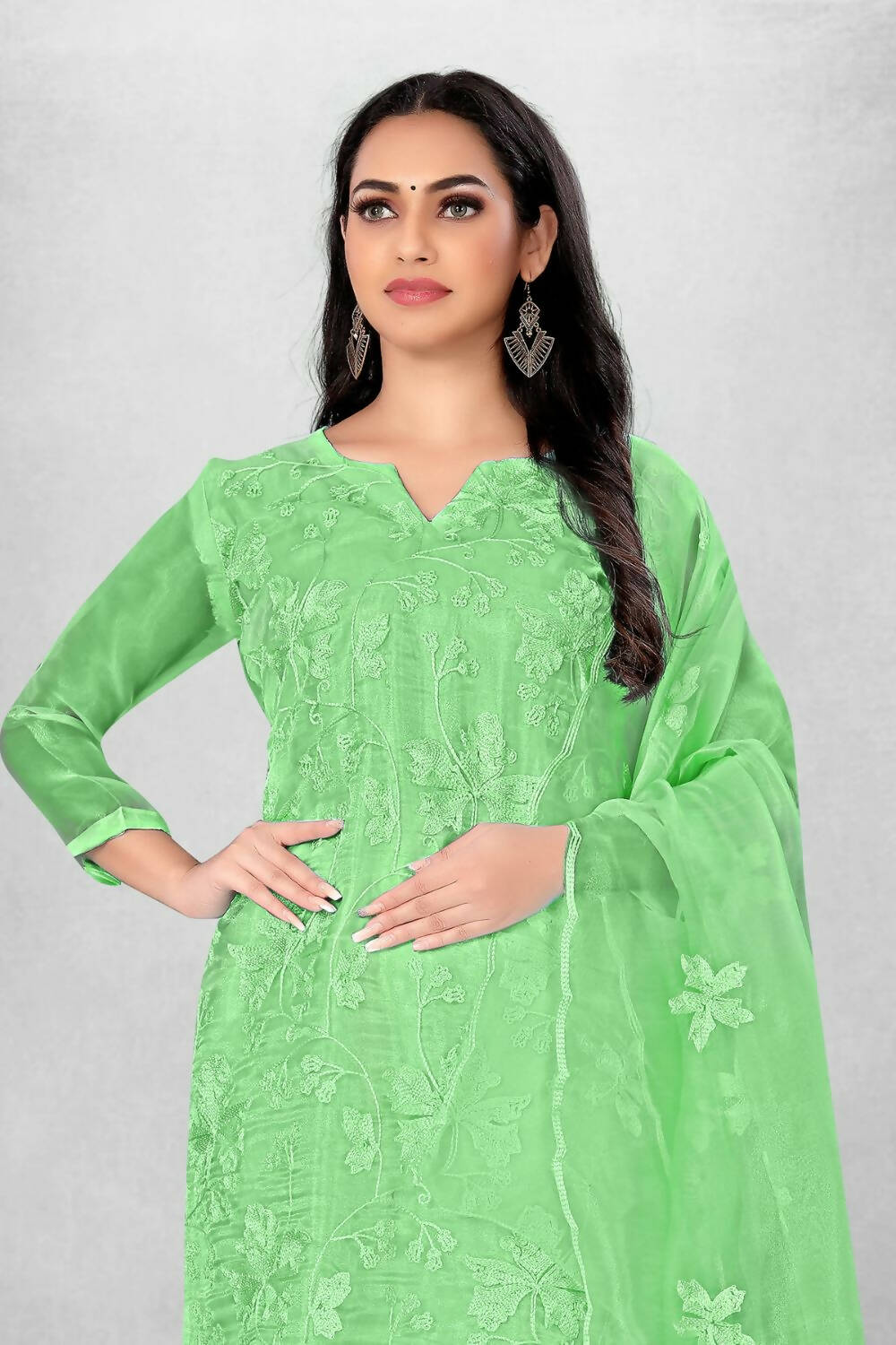 Green Heavy Organza Silk Embroidered Unstitched Dress Material - Amara | Grocsy