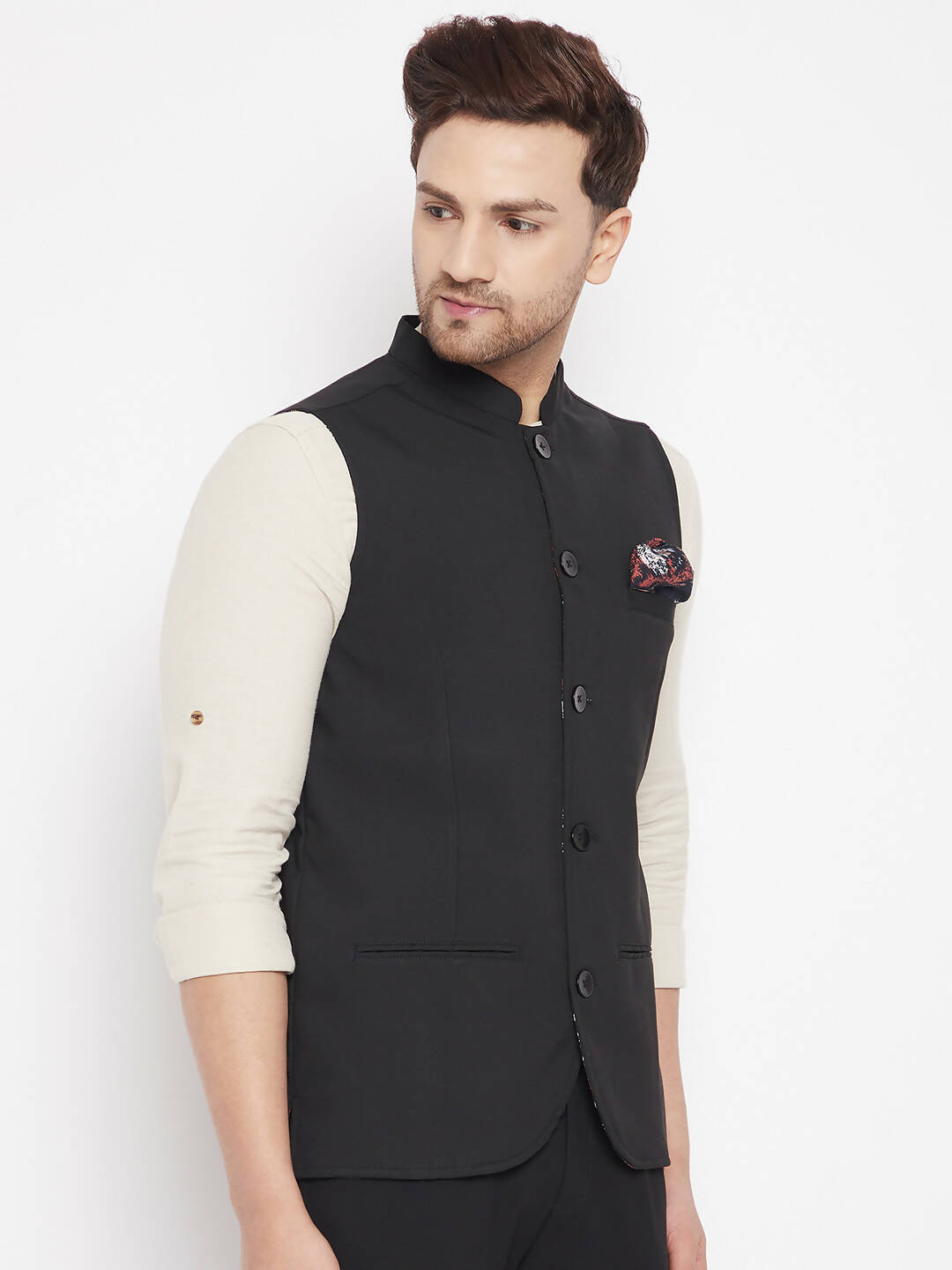 Even Apparels Black Merino Men's Nehru Jacket-Contrast Lining-Inbuilt Pocket Square | Grocsy