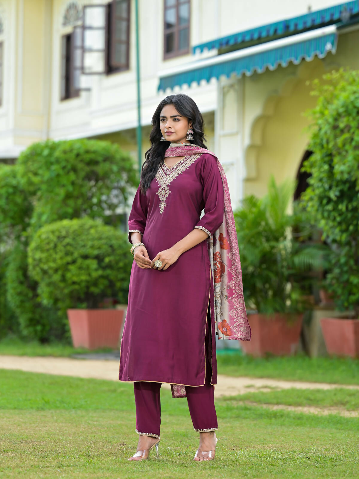 Juniper Women's Wine Solid Viscose Kurta Pant With Dupatta Set With Zari & Mirror Embroidery | Grocsy