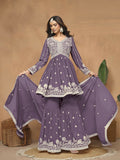 Anaita Lavender Embroidered Faux Georgette Sharara Suit | Grocsy