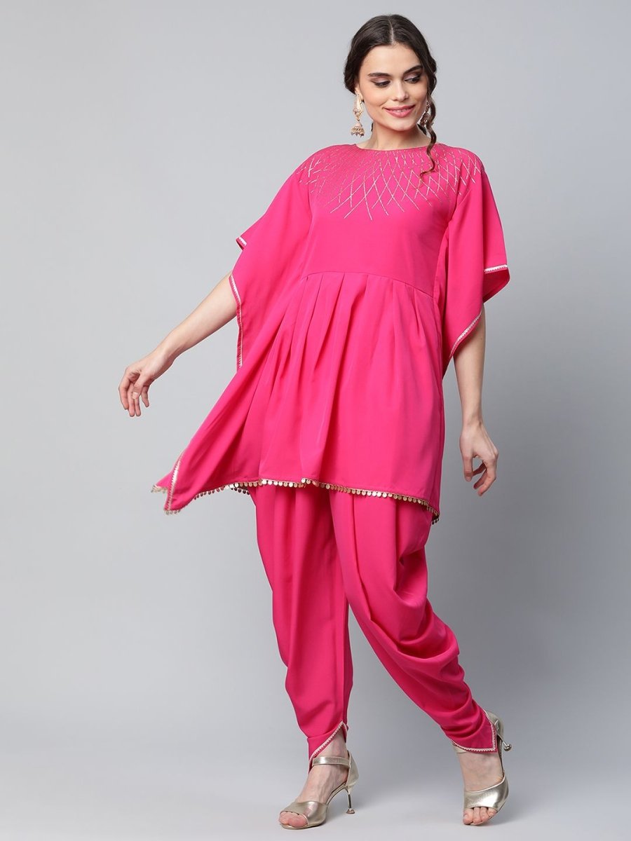 Ahalyaa Women Pink Crepe Glitter Printed Kurta with Dhoti Pants | Grocsy