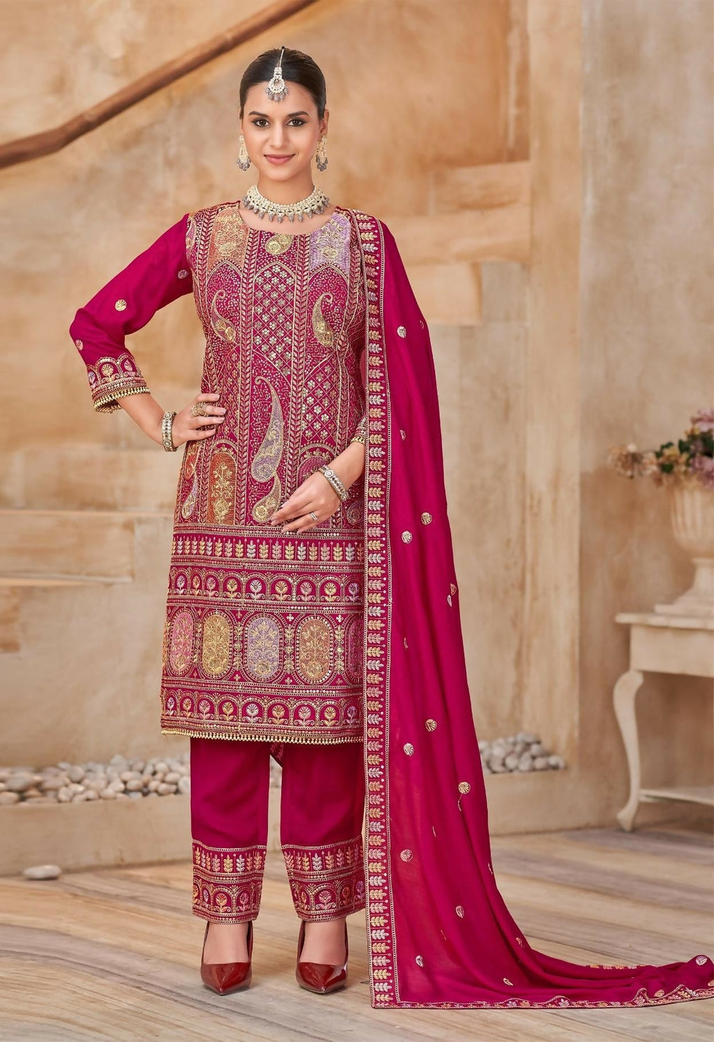 Anaita Rani Pink Vichitra Silk Readymade Suit with Embroidery & Lace Work | Grocsy
