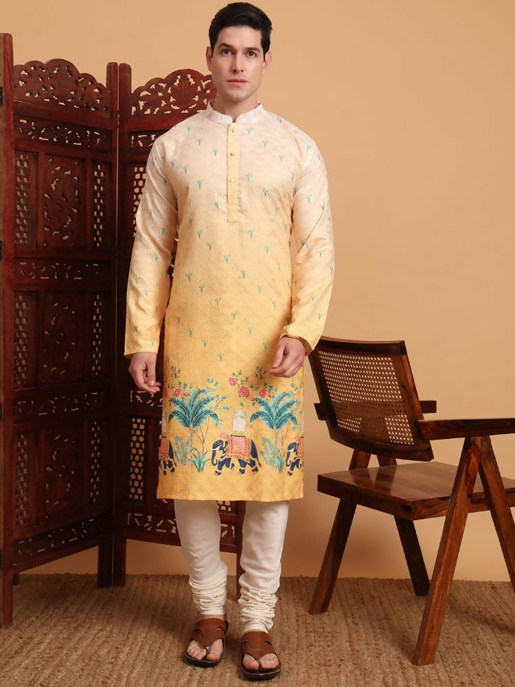 Yellow Cotton Printed Chikankari Embroidery Work Kurta - Mahotsav | Grocsy