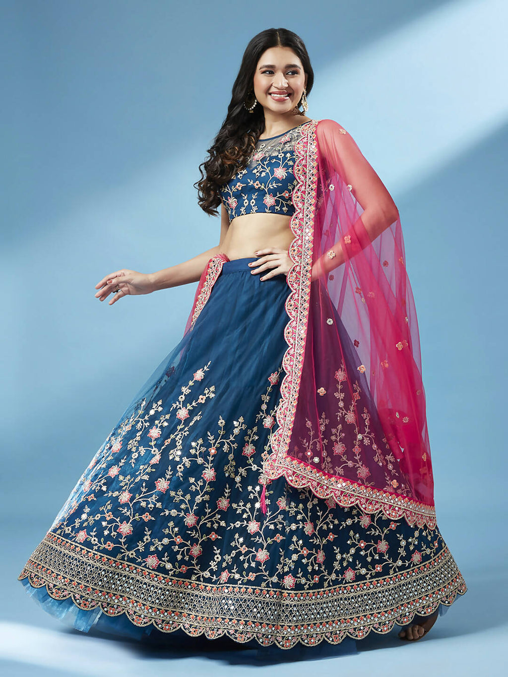 House of Panchhi Teal Net Semi stitched Coding and Mirror Work Lehenga Choli | Grocsy