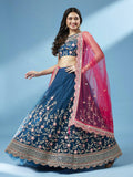 House of Panchhi Teal Net Semi stitched Coding and Mirror Work Lehenga Choli | Grocsy
