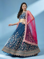 House of Panchhi Teal Net Semi stitched Coding and Mirror Work Lehenga Choli | Grocsy