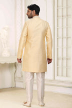 Raivat Ethnic Banarasi Jacquard Embroidery Semi Indo Western Sherwani In Yellow Colour | Grocsy