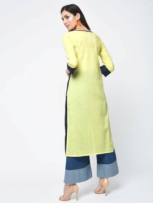 Aniyah Cotton Color Block Yellow Straight Kurta With Tassels (AN-103K) | Grocsy