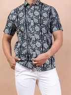 Miravan Men's Pure Cotton Black Floral Printed Half Sleeve Slim Fit Shirt | Grocsy