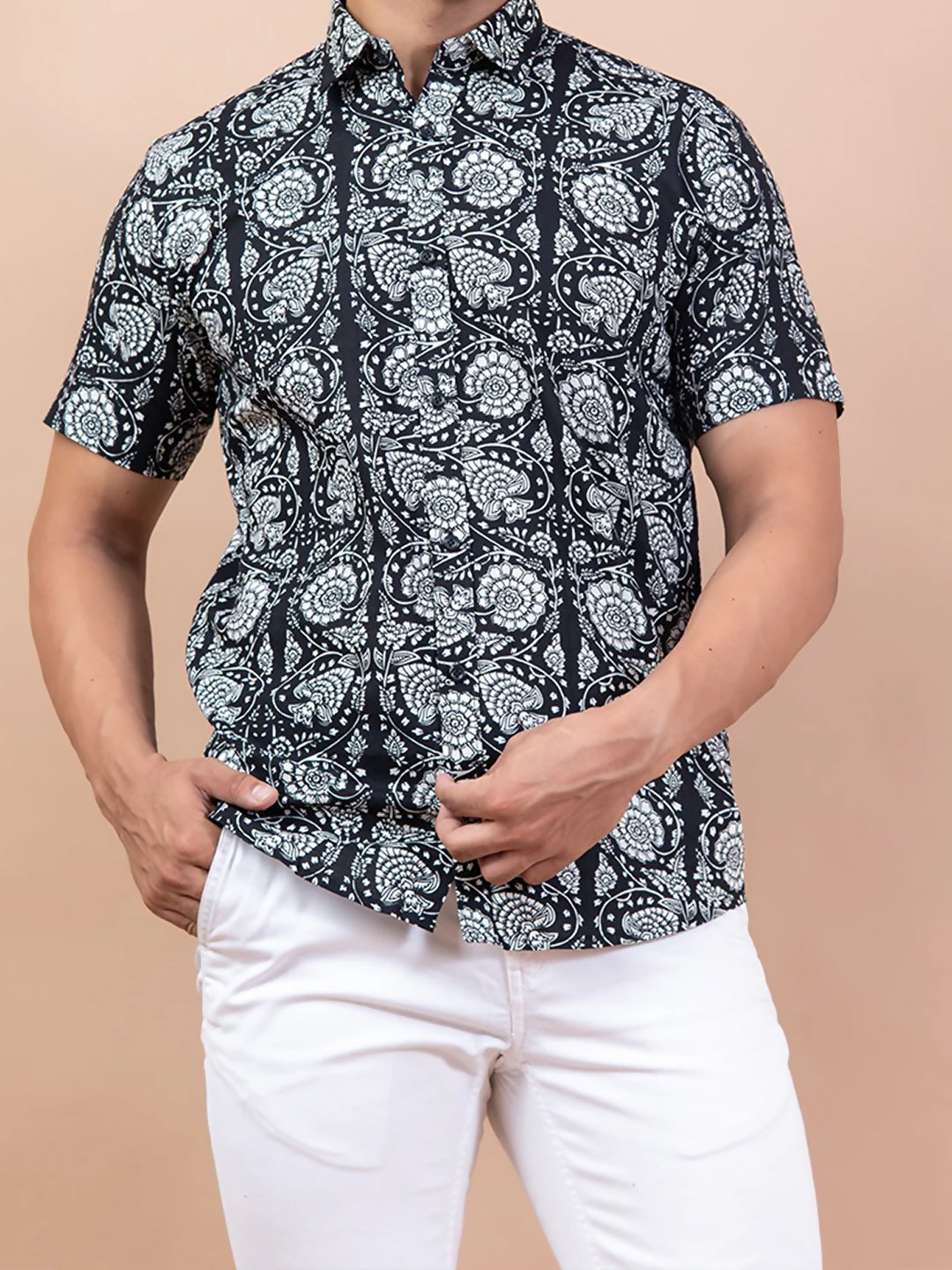 Miravan Men's Pure Cotton Black Floral Printed Half Sleeve Slim Fit Shirt | Grocsy