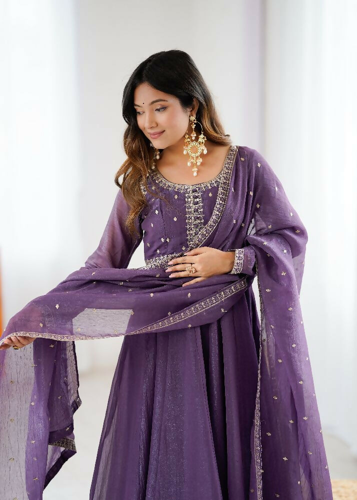 The52 Women's Beautiful Embroidery Work Crunchy Silk Fabric Flared Anarkali Pant and Dupatta Set | Grocsy