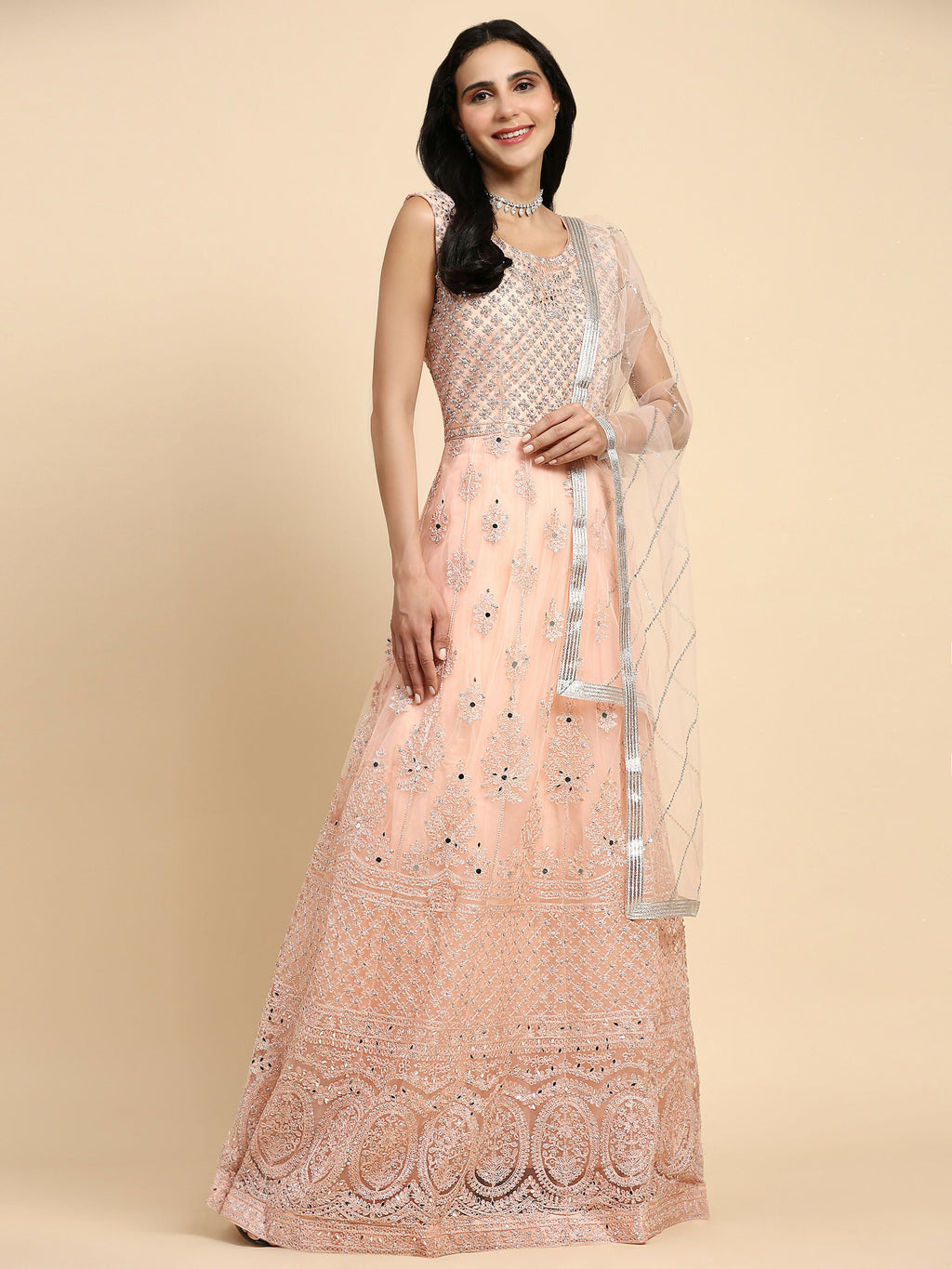 Peach Net Hand Embroidered Gown - Rudrani | Grocsy