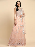 Peach Net Hand Embroidered Gown - Rudrani | Grocsy