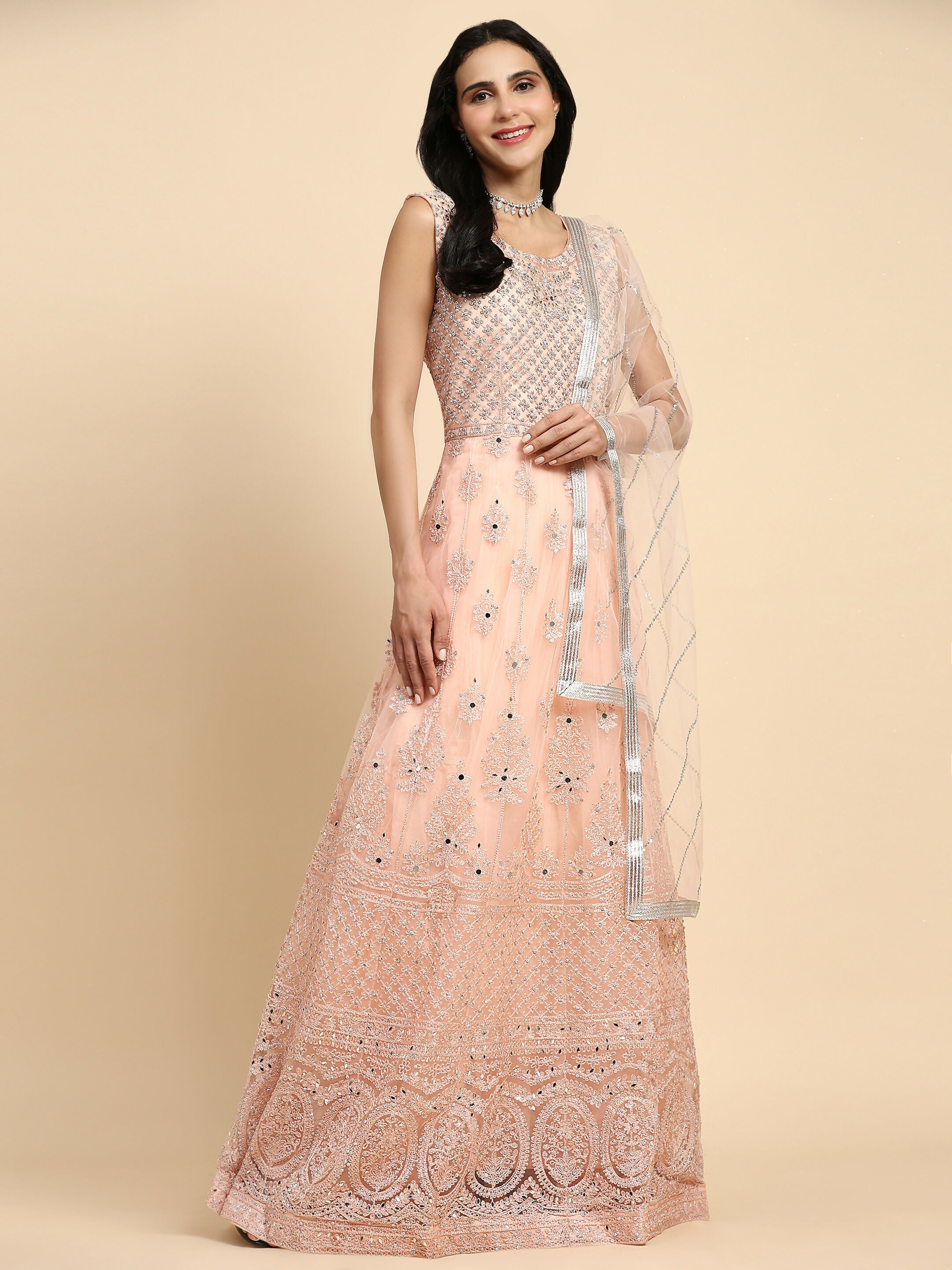 Peach Net Hand Embroidered Gown - Rudrani | Grocsy