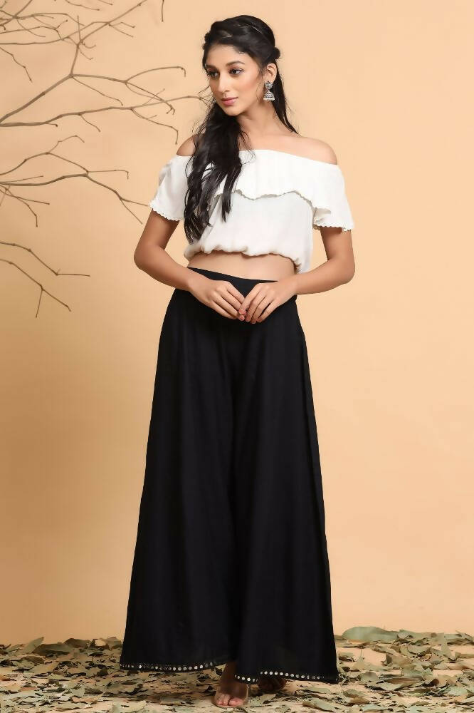Juniper Women Black Rayon Solid Flared Palazzo | Grocsy