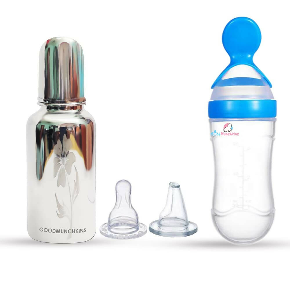 Goodmunchkins Stainless Steel Feeding Bottle & Spoon Food Feeder Anti Colic Silicone Nipple Combo-(Blue, 220ml) | Grocsy