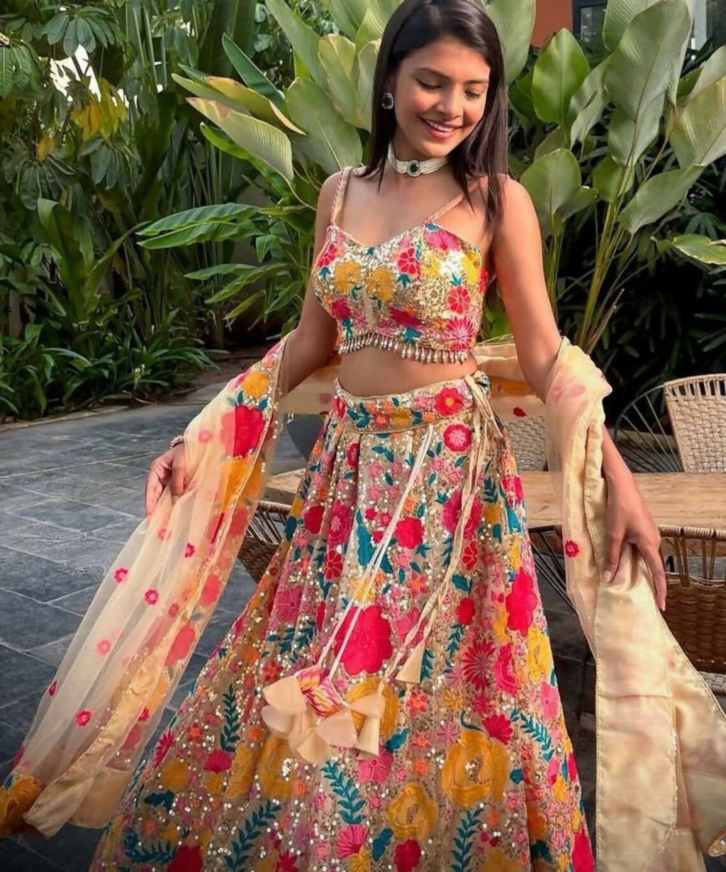 Lehenga Mart Multicolor Faux Georgette Designer Bollywood Style Wedding Wear Lehenga Choli | Grocsy