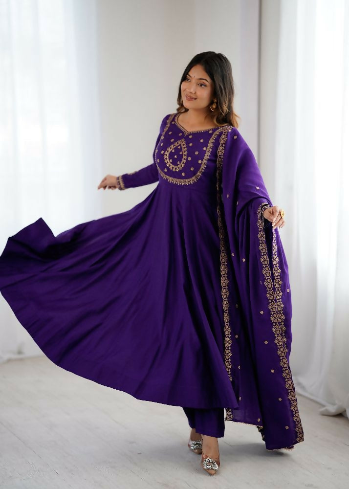The52 Women's Beautiful Embroidery Work Roman Chanderi Silk Fabric Flared Anarkali Pant and Dupatta Set | Grocsy