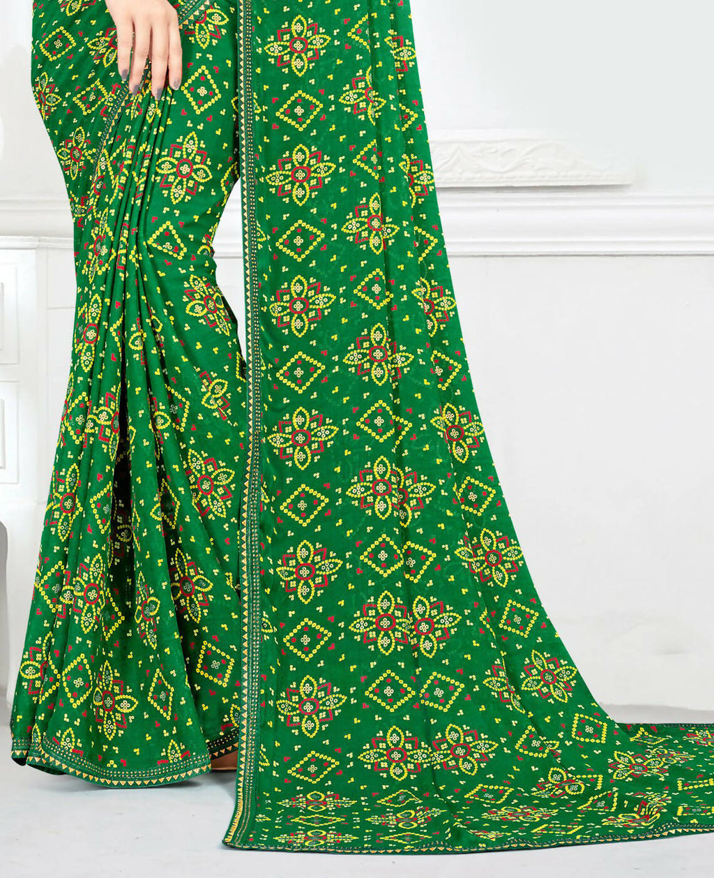 Green Georgette Bandhani Printed Saree With Unstitched Blouse Piece - Jyoti | Grocsy