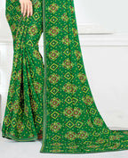 Green Georgette Bandhani Printed Saree With Unstitched Blouse Piece - Jyoti | Grocsy