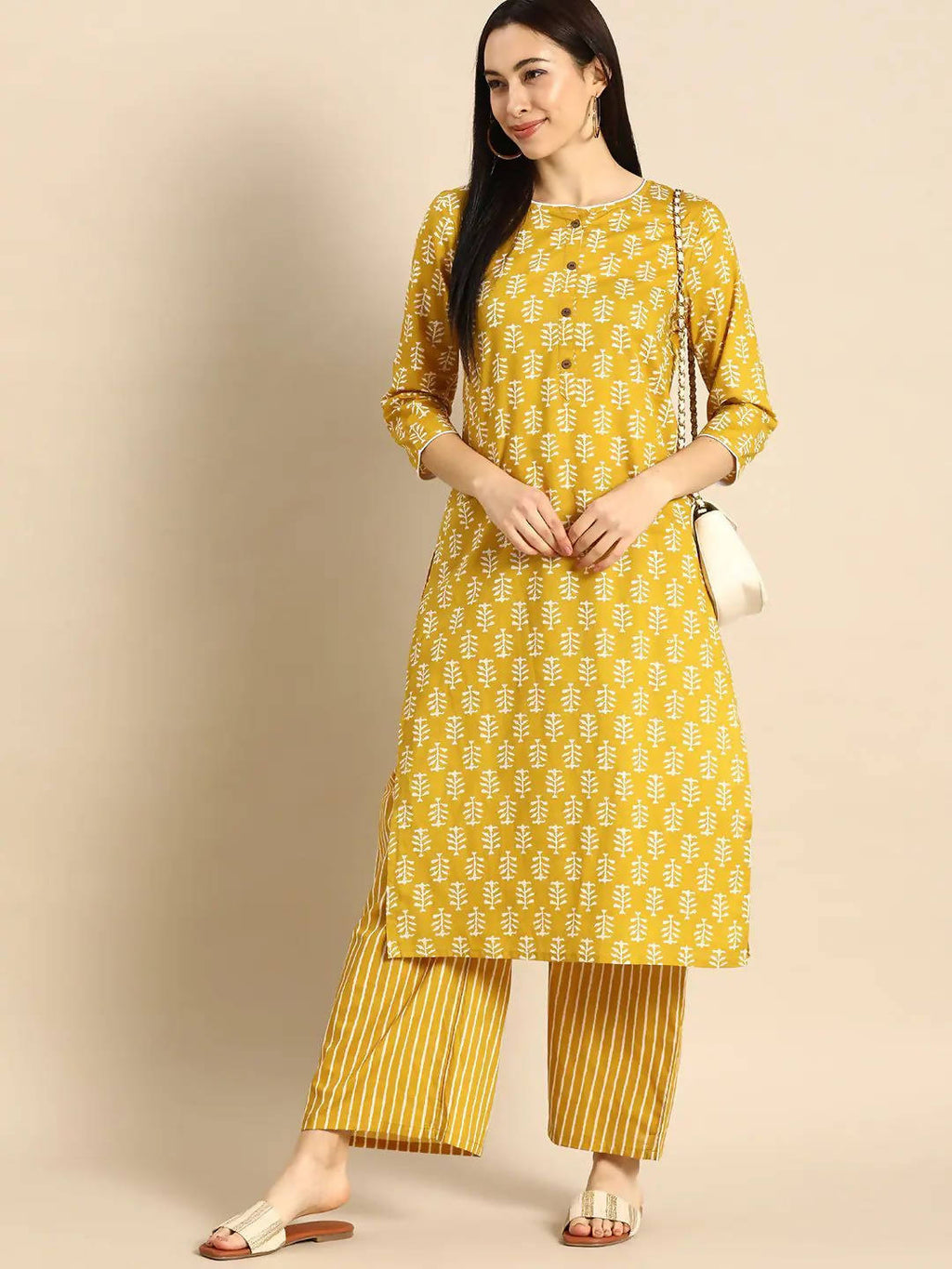 Vamika Printed Cotton Yellow Party Wear/Casual Wear Kurta Set/Suit | Grocsy