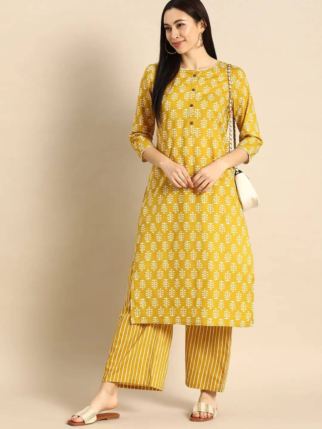Vamika Printed Cotton Yellow Party Wear/Casual Wear Kurta Set/Suit | Grocsy