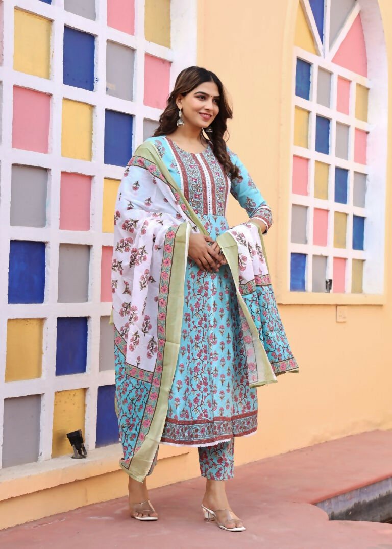 Alvano Printed Anarkali Kurti with Pant and Dupatta Set for Women's and Girls Rayon | Grocsy