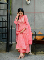 Yufta Women Pink Handblock Printed Kurta with Trouser & Dupatta | Grocsy