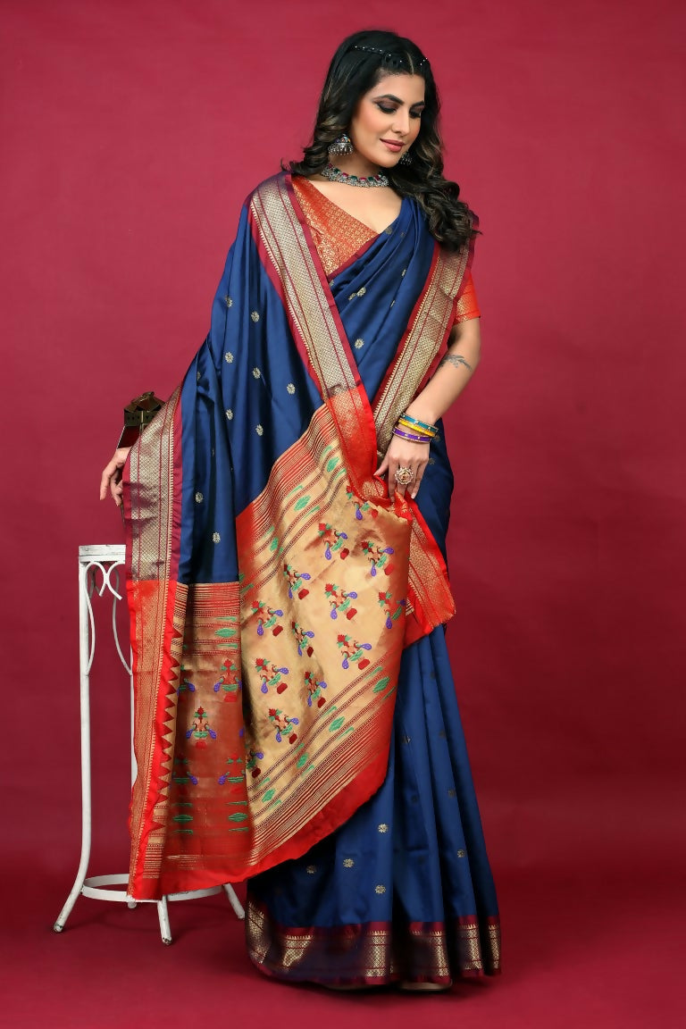 Jyoti Fashion Women's Navy Blue Paithani Silk Zari Woven Saree with Blouse | Grocsy