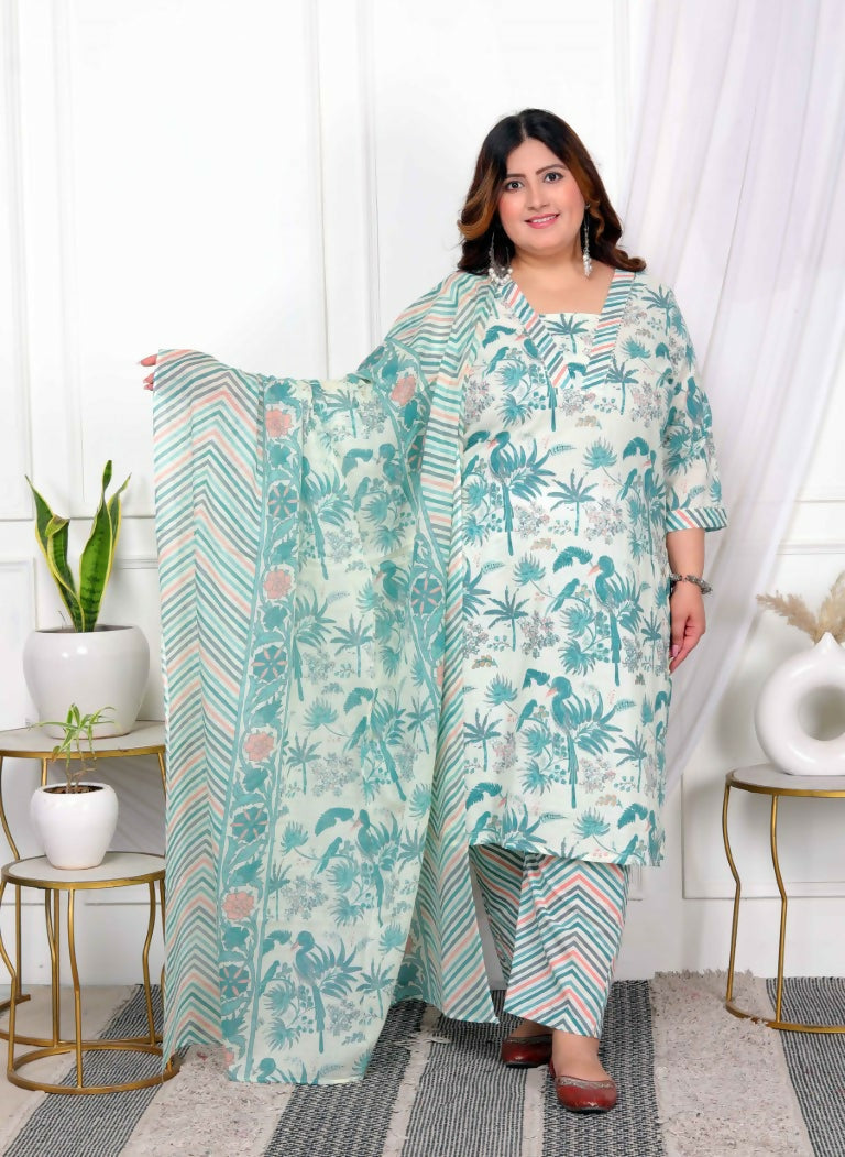 Miravan Women's Plus Size Cotton Light Green Scenic Birds And Leaf Floral Printed Straight Pakistani Style Suit Set | Grocsy