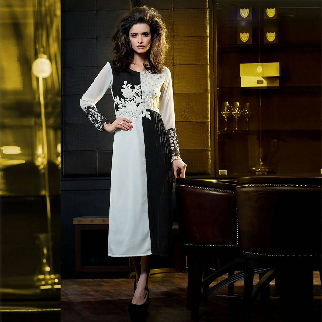 Blue & Black Georgette Floral Embroidered A-line Kurti - Missy | Grocsy
