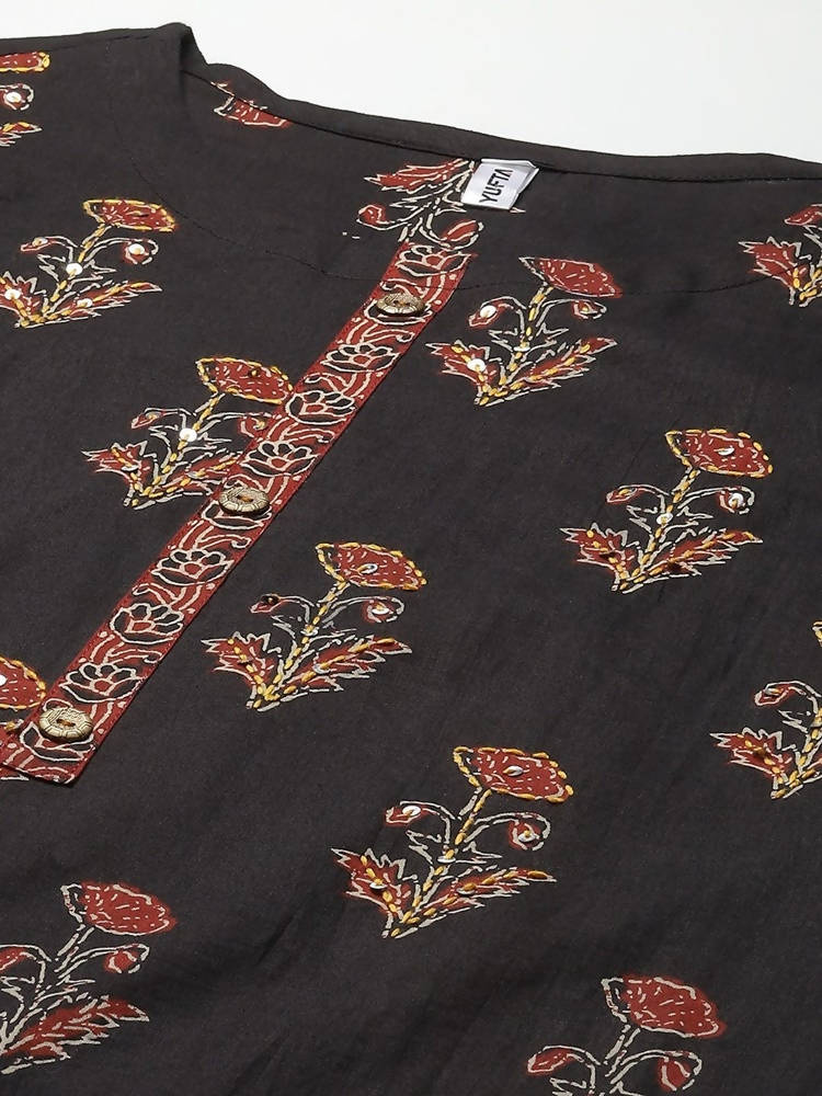 Yufta Women Black & Rust Brown Ethnic Motifs Printed Kantha Work Pure Cotton Kurta Set | Grocsy