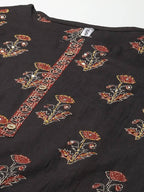 Yufta Women Black & Rust Brown Ethnic Motifs Printed Kantha Work Pure Cotton Kurta Set | Grocsy