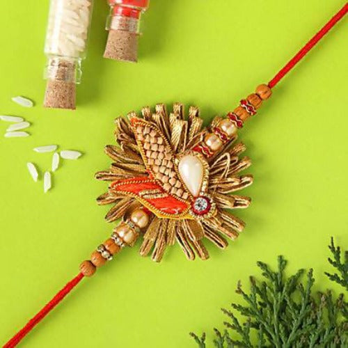 Zardosi Motif Rakhi & Kaju Rolls Box | Grocsy